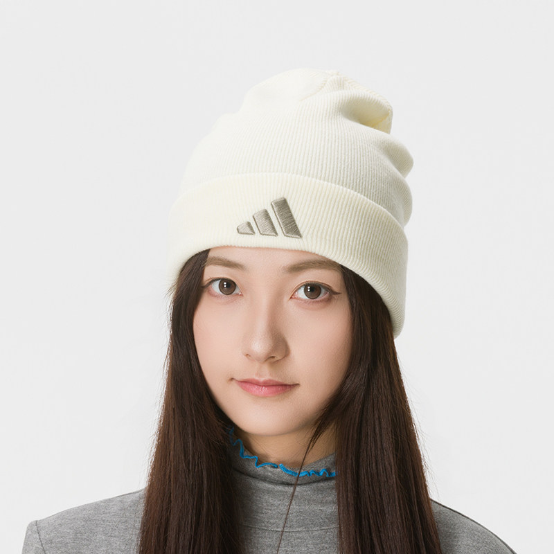 Beanie Cuffed Knit - アディダス ビーニー KQ6682 アイボリーホワイト シルバーグレー、折り返し付き、暖かく柔らかい、男女兼用、冬用ニット帽