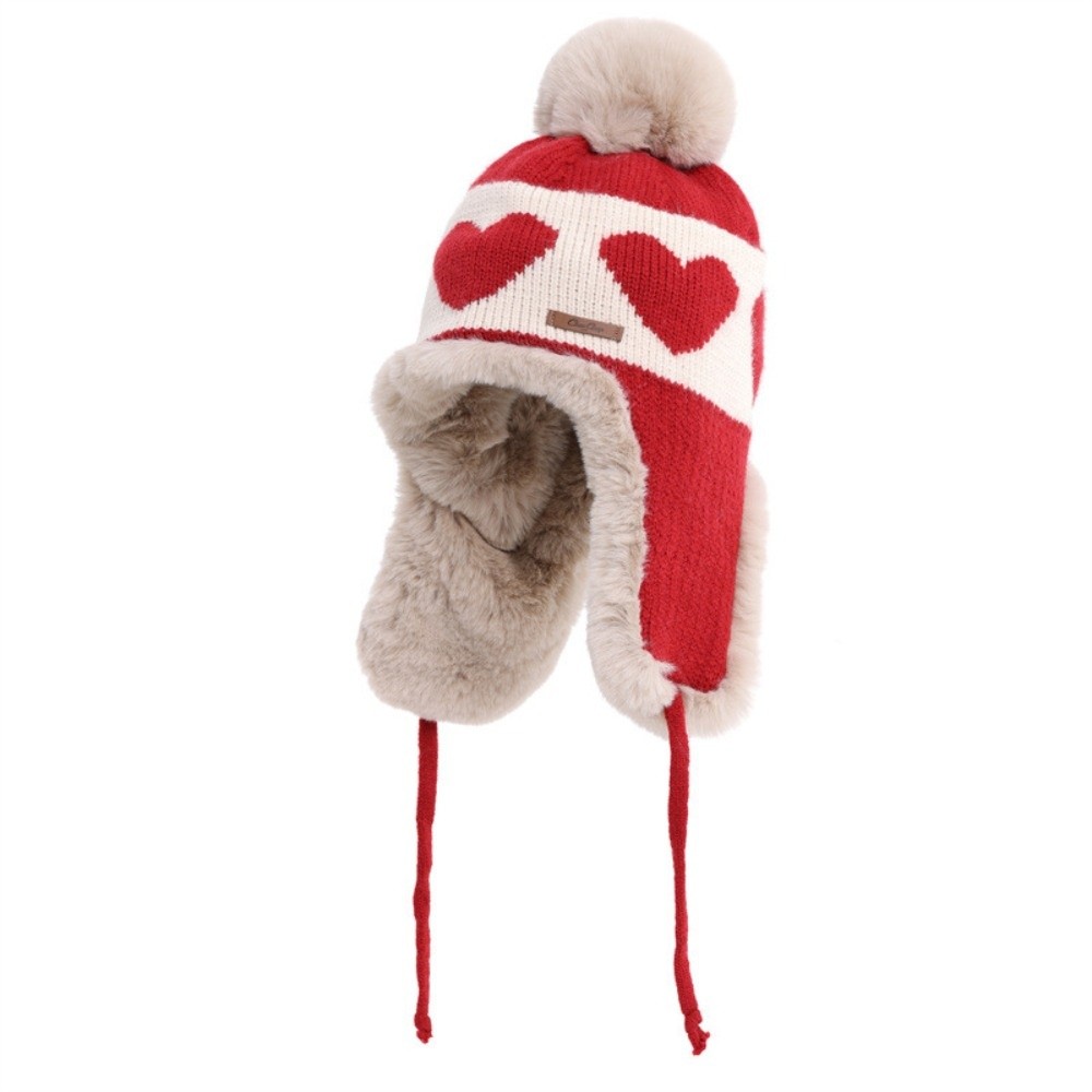 Trapper Hat Ear Flap - ポリエステル製、ハート柄の耳当て付き帽子、ポンポン付き、防寒用トラッパーハット、耳の保護機能付き、頭囲55cm～60cm。