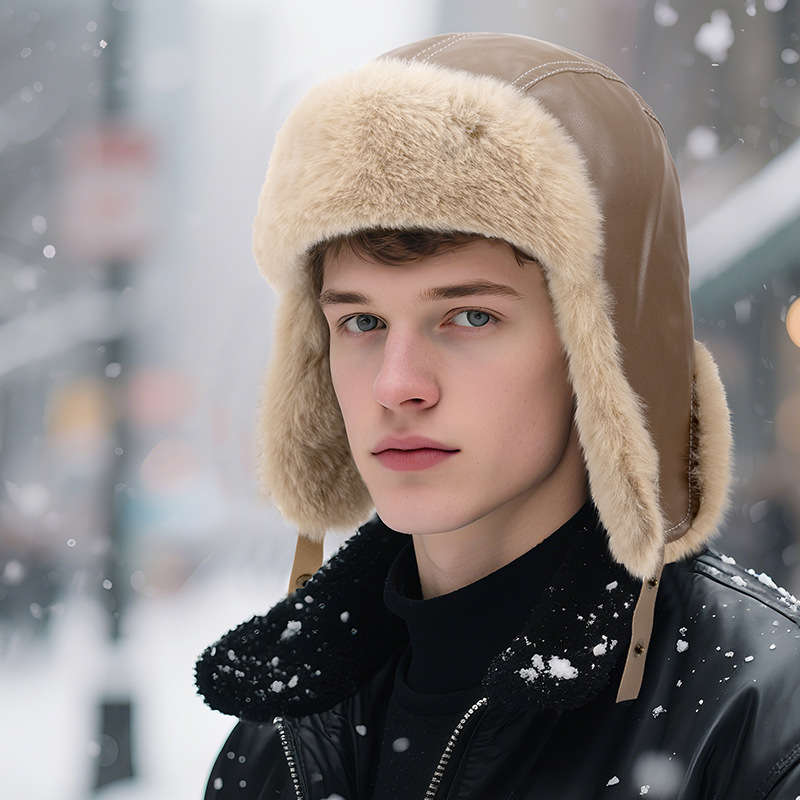 メンズ冬用暖かいPUレザートラッパーハット、フェイクファー耳 - Trapper Hat Ear Flap のレビューと価格